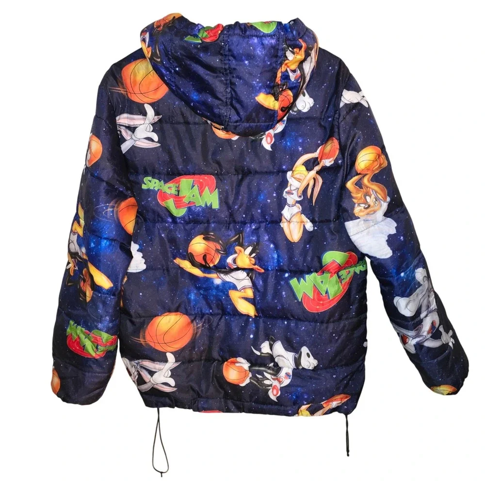 Space Jam Puffer Jacket Men's Medium All Over Print Cartoon Character NBA - Picture 2 of 7